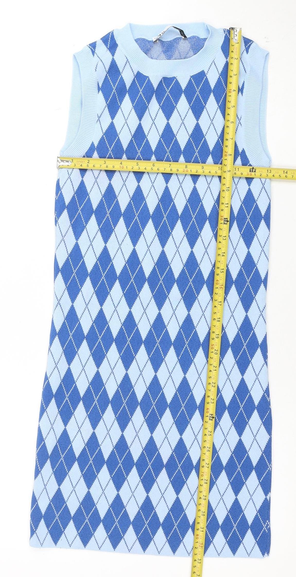 ZARA Women Blue Argyle Sleeveless Knit Shift Dress Size 10