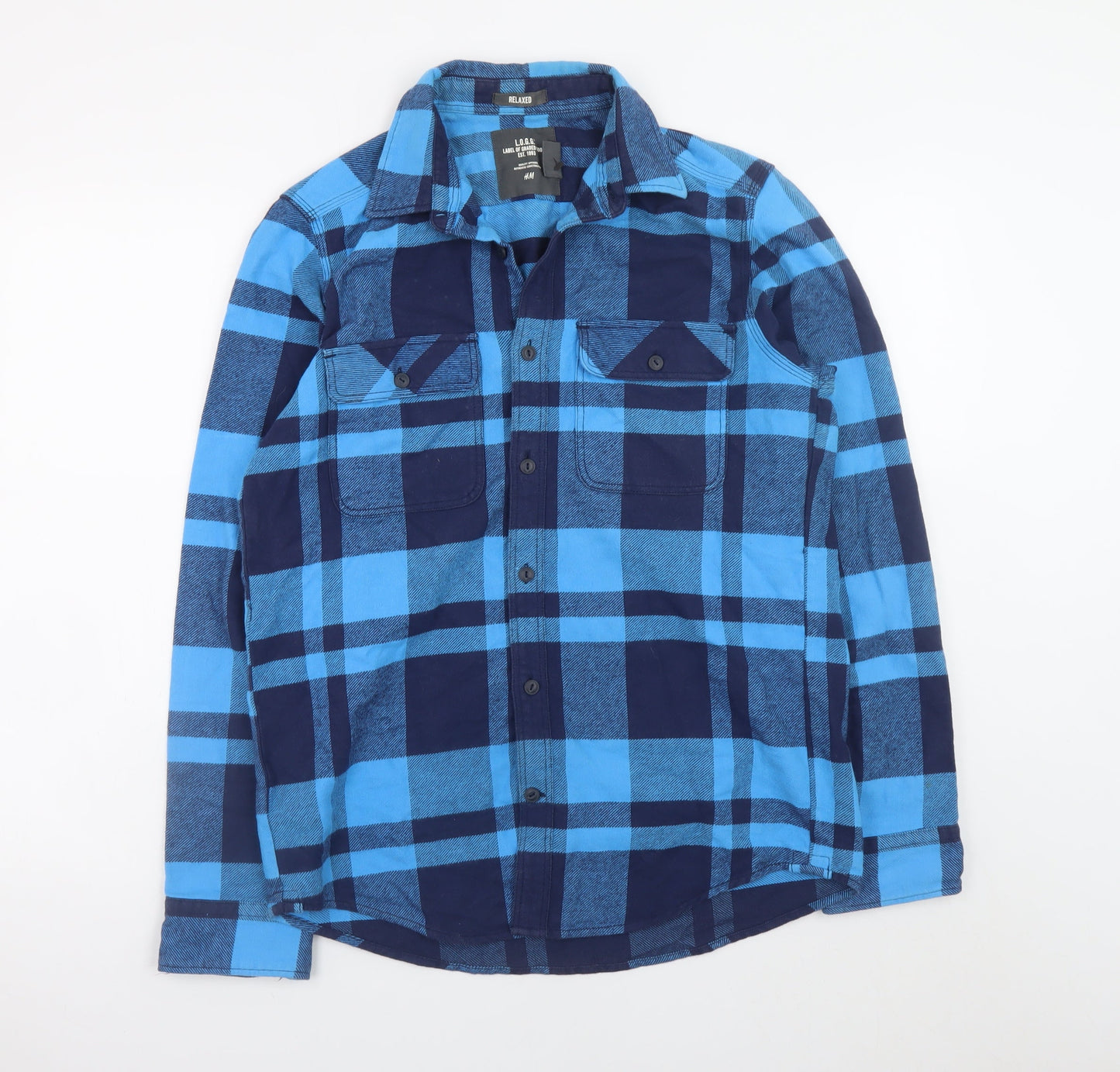 H&M L.O.G.G. Men's Blue Check Cotton Flannel Shirt Size S Relaxed Fit