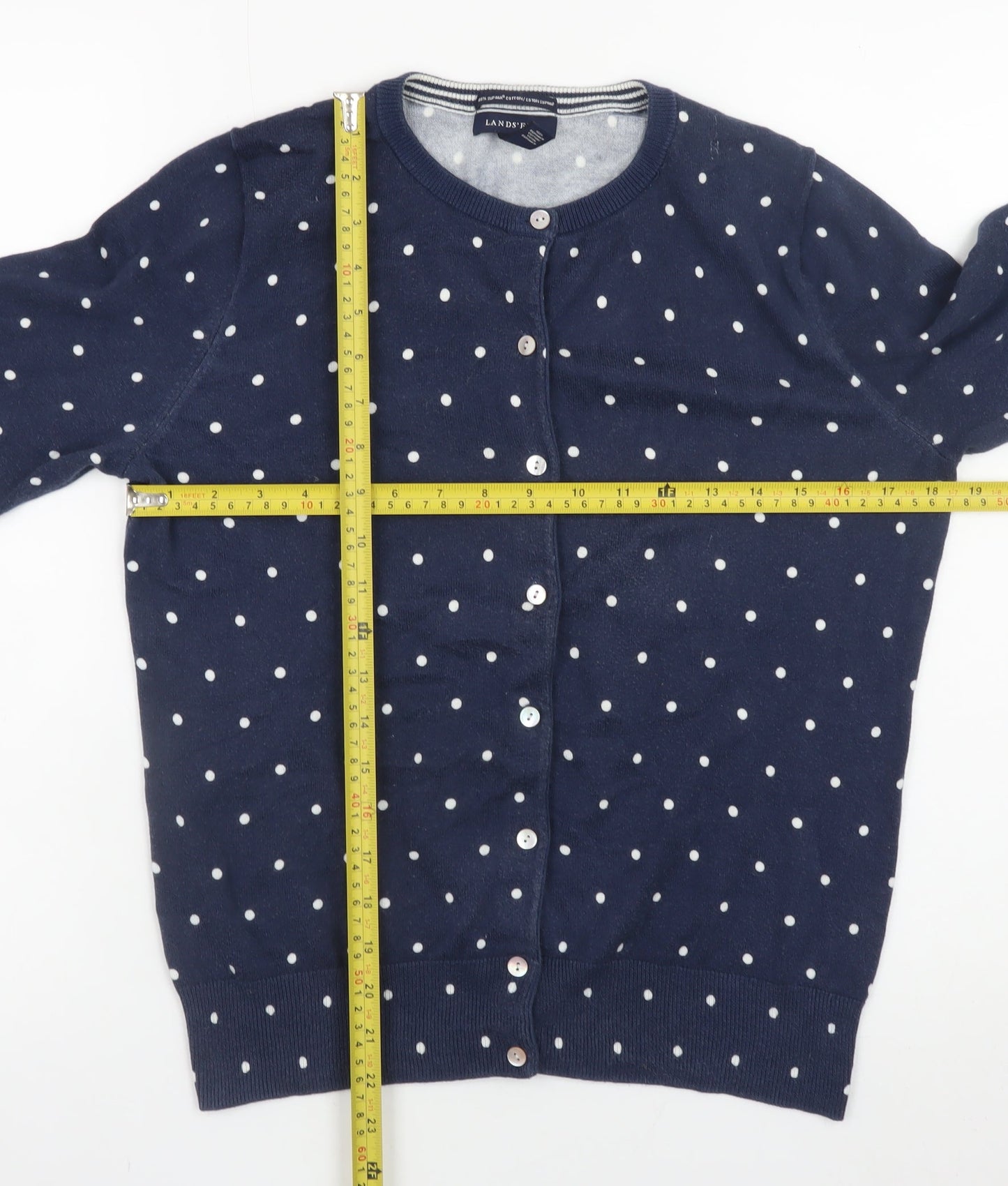 Lands’ End Women Blue Polka Dot Cotton Cardigan Size S