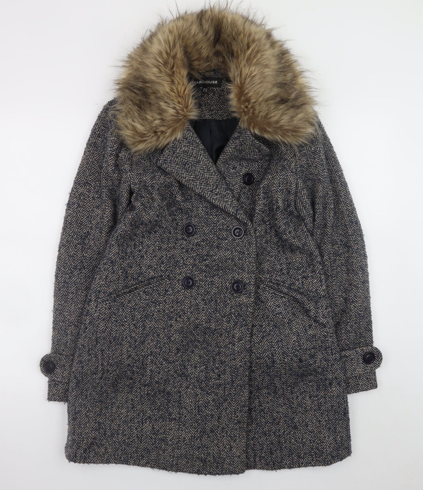 Warehouse Women's Grey Wool Blend Fur Collar Pea Coat Size 10
