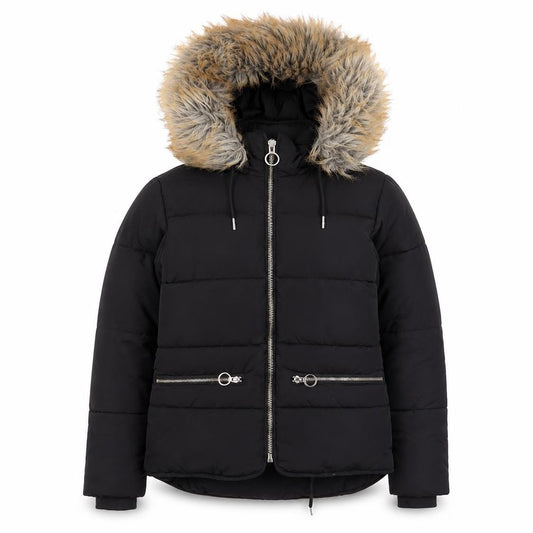 Topshop Women’s Black Faux Fur Hooded Puffer Jacket Size 6