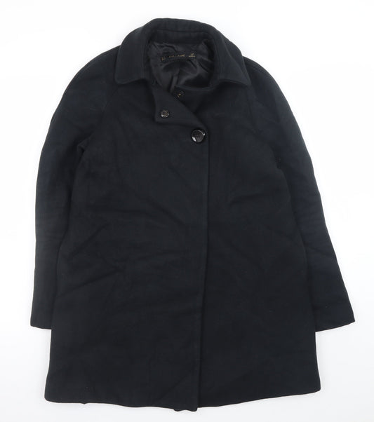 Zara Women Black Wool Blend Mid-Length Overcoat Size S
