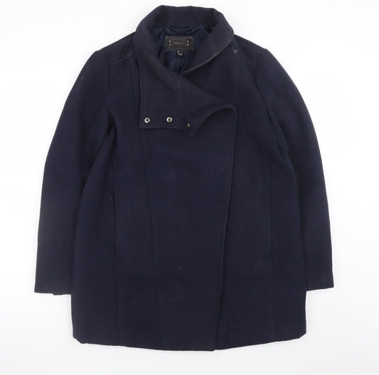 MNG Women's Blue Wool Blend Mid-Length Overcoat Size 12