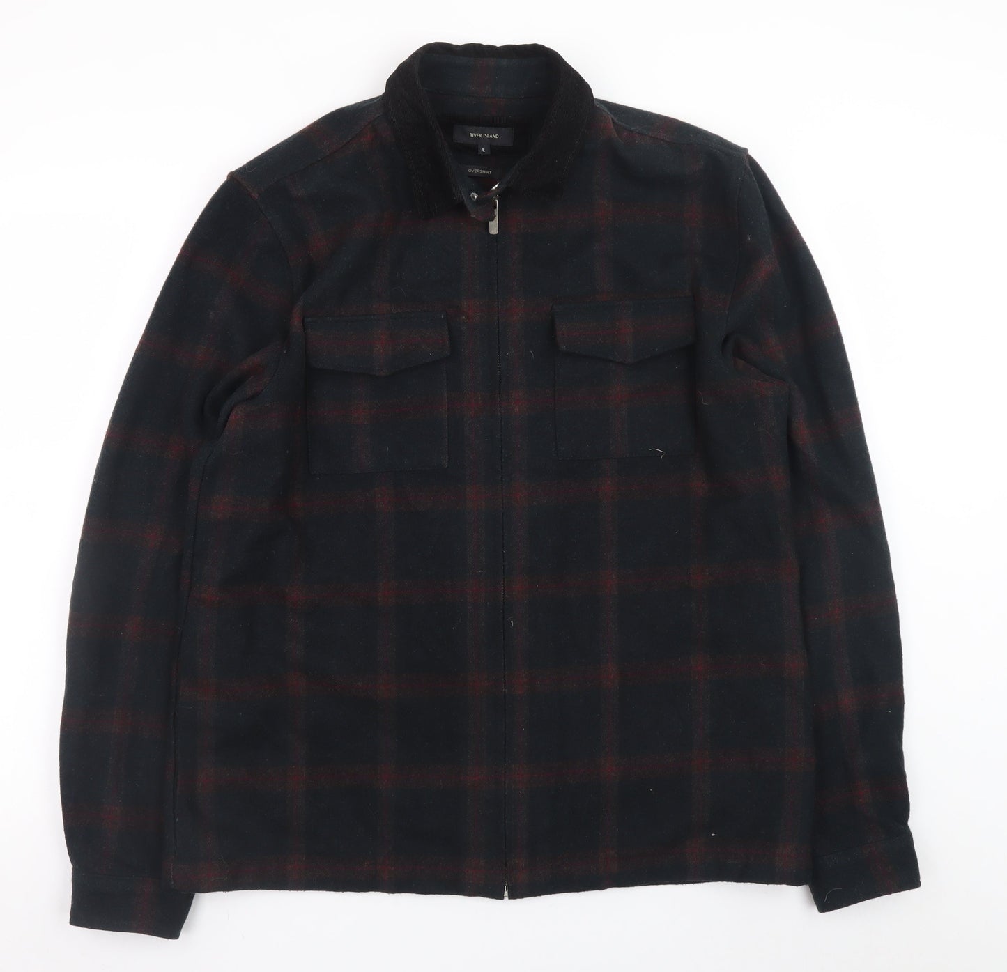 River Island Men's Black Check Overshirt L Zip Long Sleeve Flannel