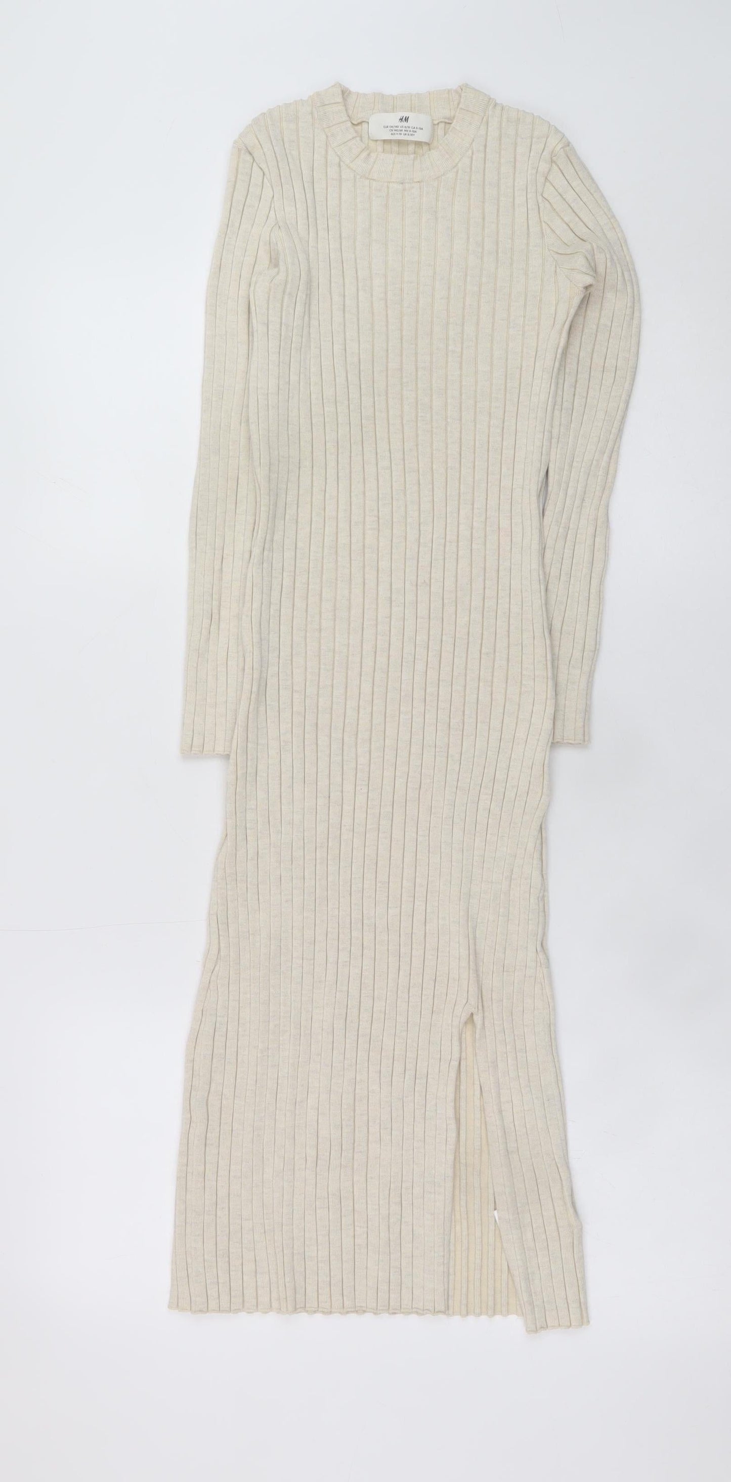 H&M Teens Beige Long Sleeve Rib Knit Bodycon Dress Size 8-10