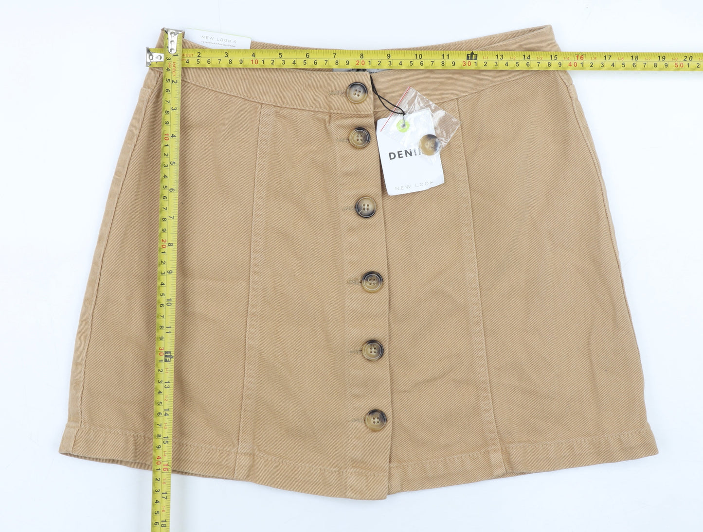 New Look Women Beige Cotton Denim A-Line Button Skirt UK 12