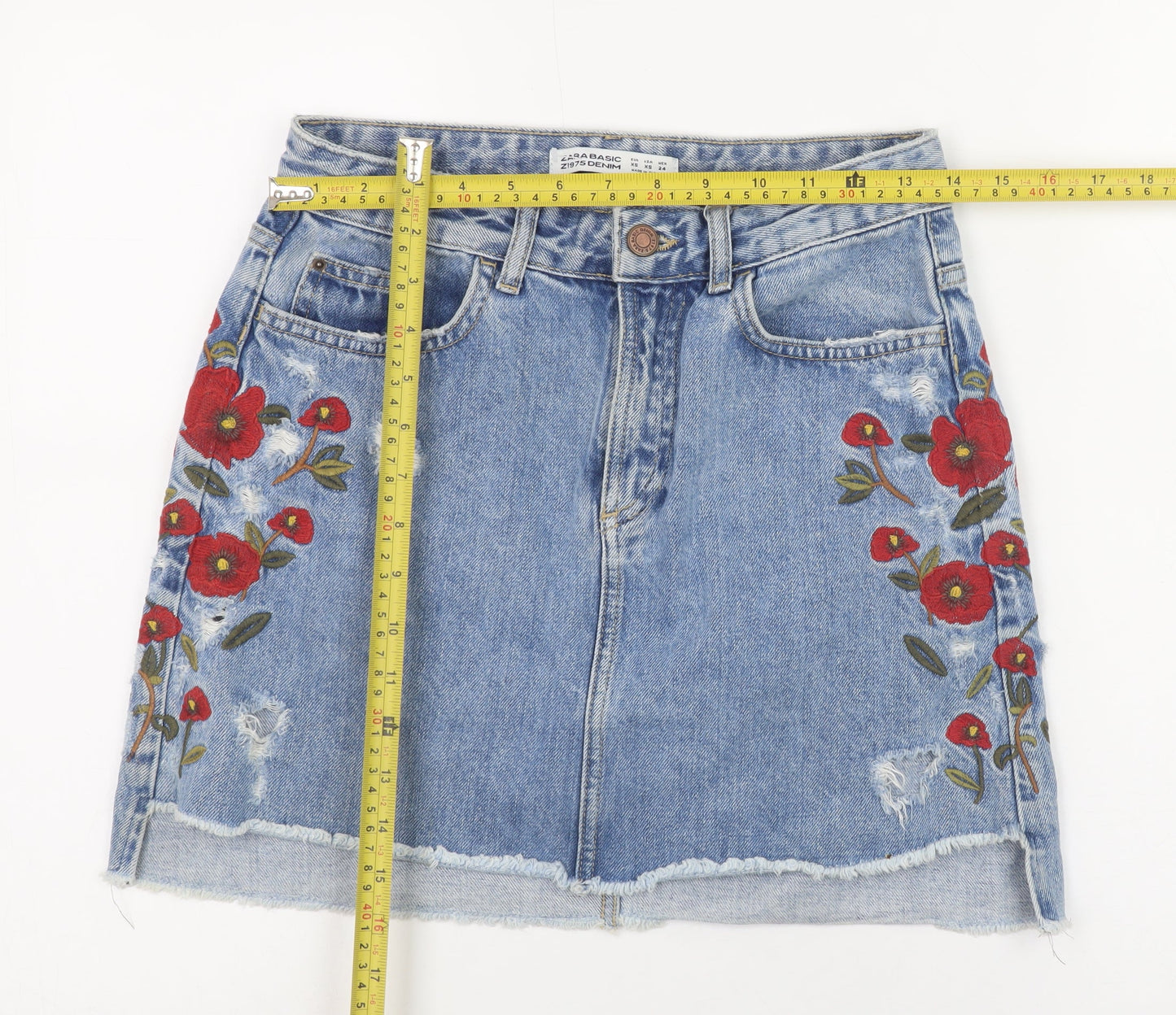 Zara Women Blue Embroidered Denim Mini Skirt XS