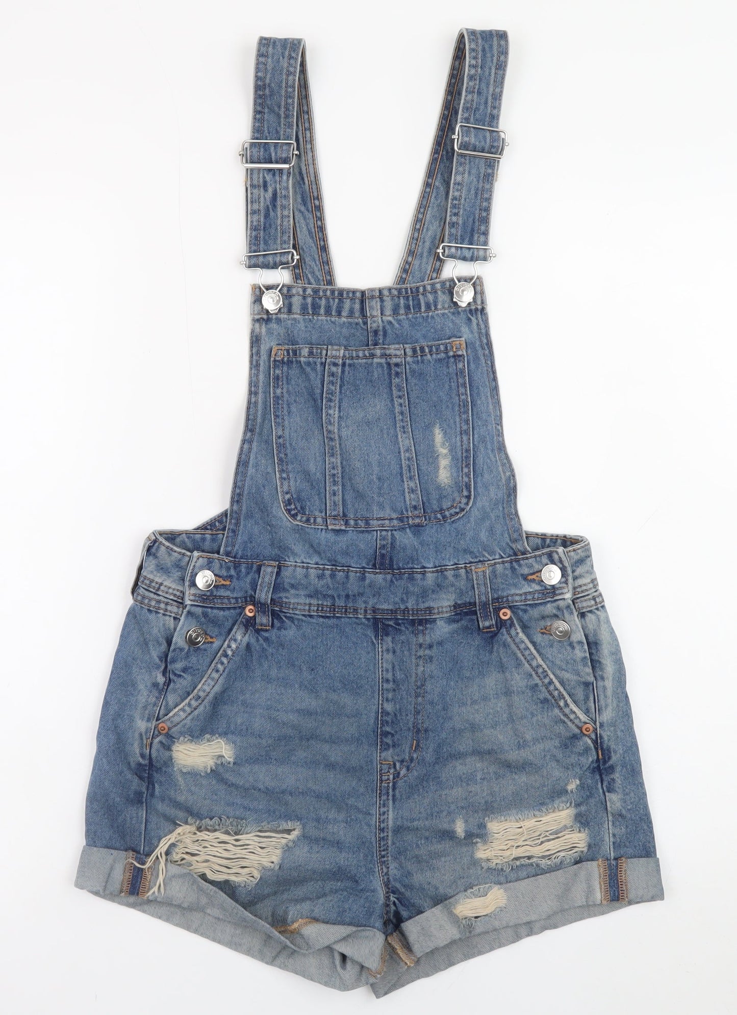 H&M Divided Women's Blue Denim Distressed Dungaree Playsuit Size 6