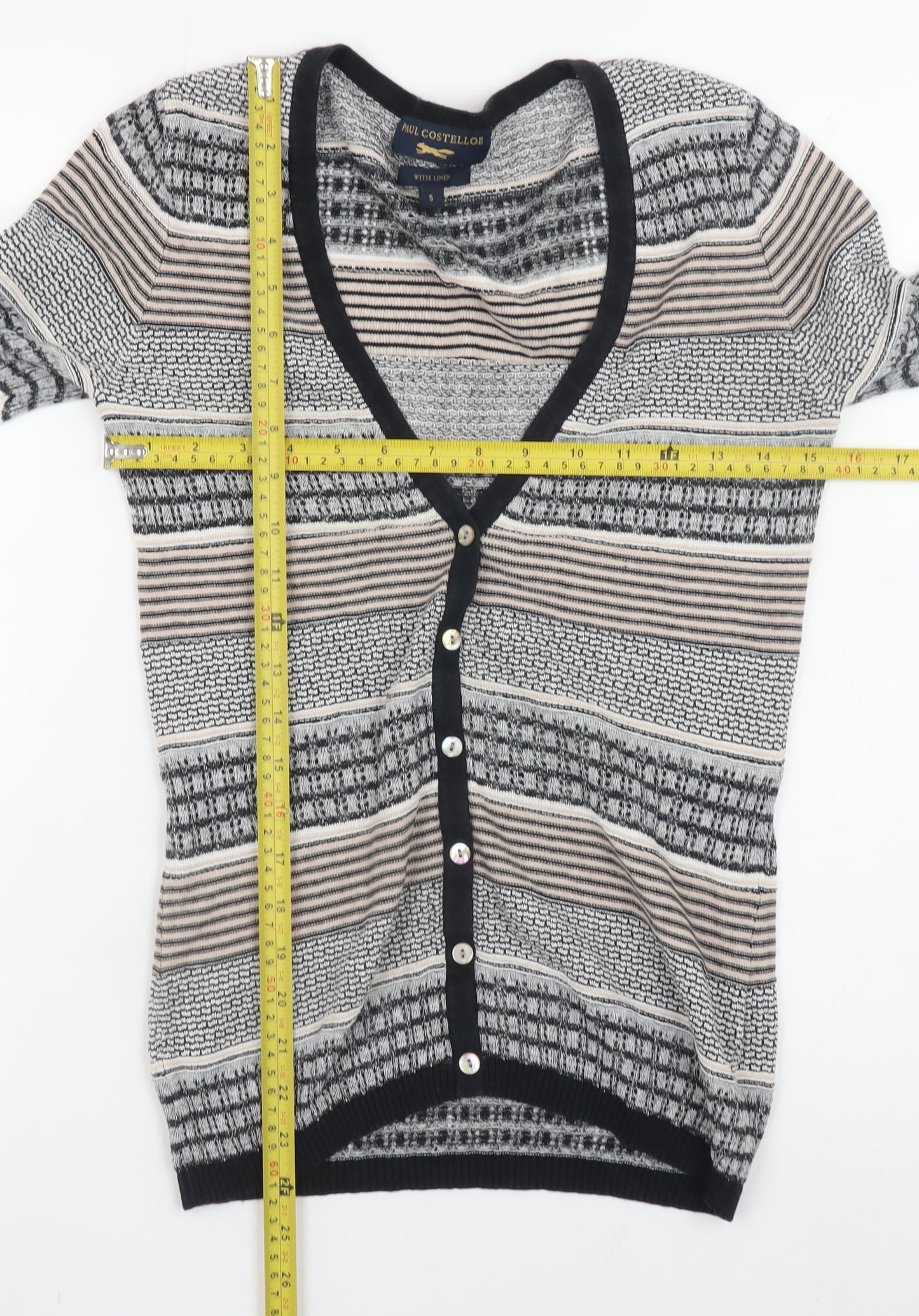 Paul Costelloe Women’s Beige Striped Linen Blend V-Neck Cardigan Size S