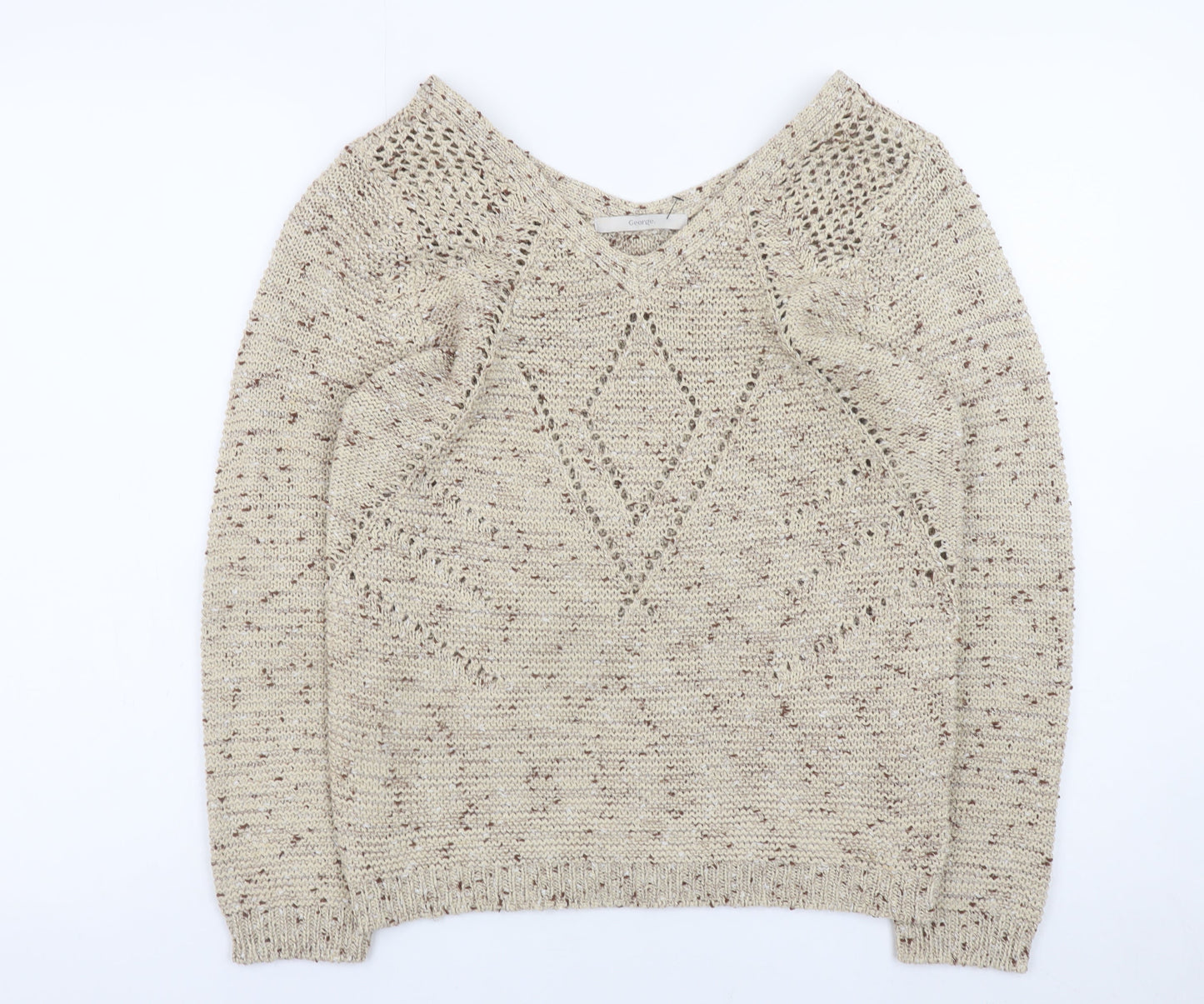 George Women’s Beige V-Neck Open-Knit Pullover Jumper Size 10