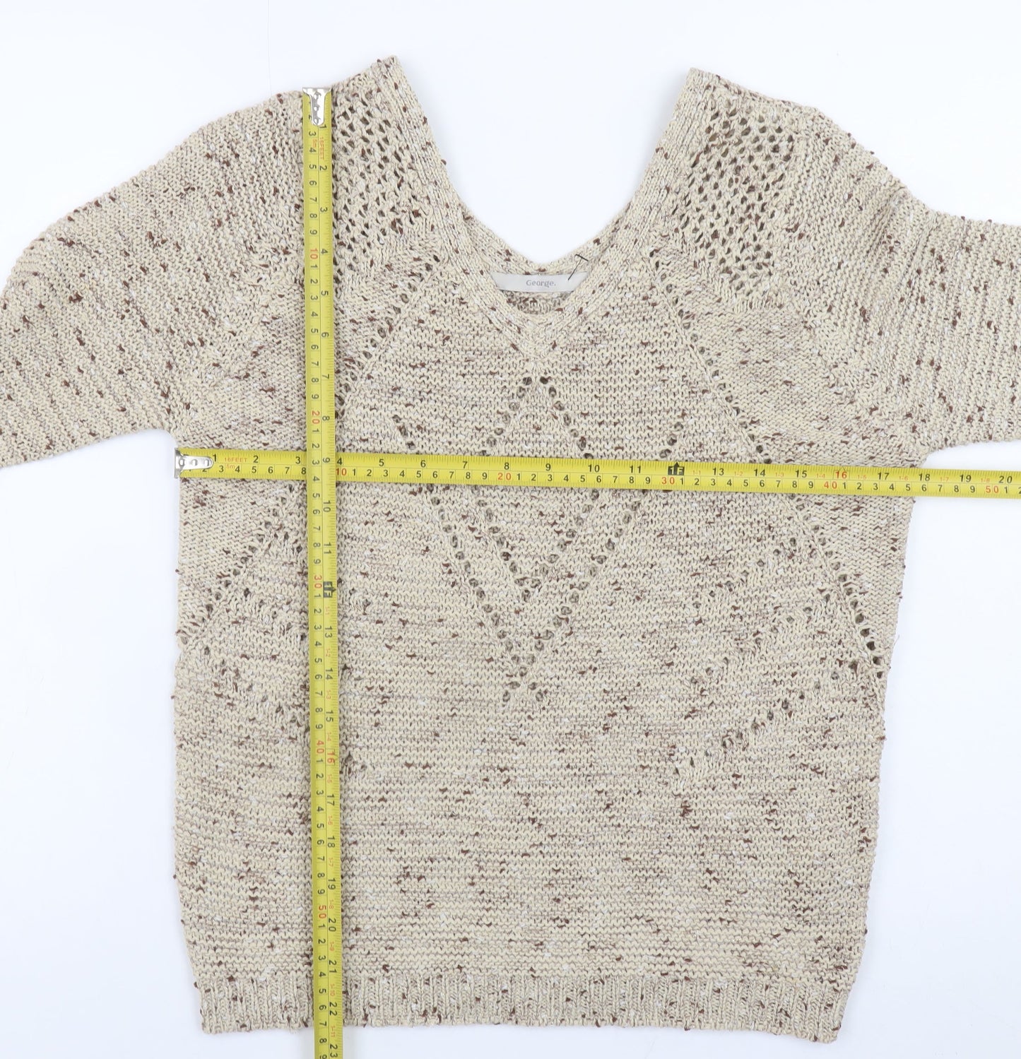 George Women’s Beige V-Neck Open-Knit Pullover Jumper Size 10