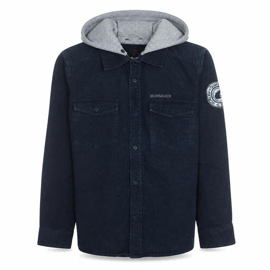 Quiksilver Men's Navy Blue Hooded Button-Up Shirt Size 12 Regular Fit