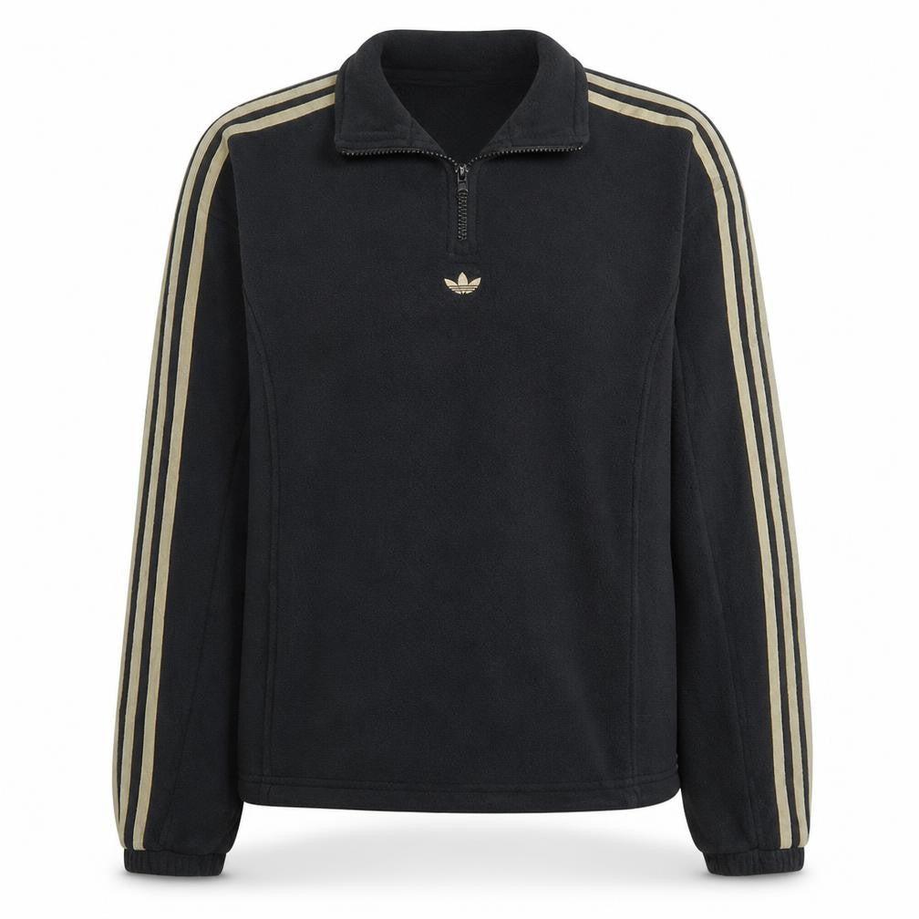 Adidas Womens Black 1/4 Zip Sweatshirt Size 14 Gold Stripe Logo Fleece