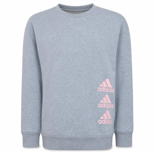 Front view of Adidas girls’ grey crew neck pullover sweatshirt, size 13-14, years