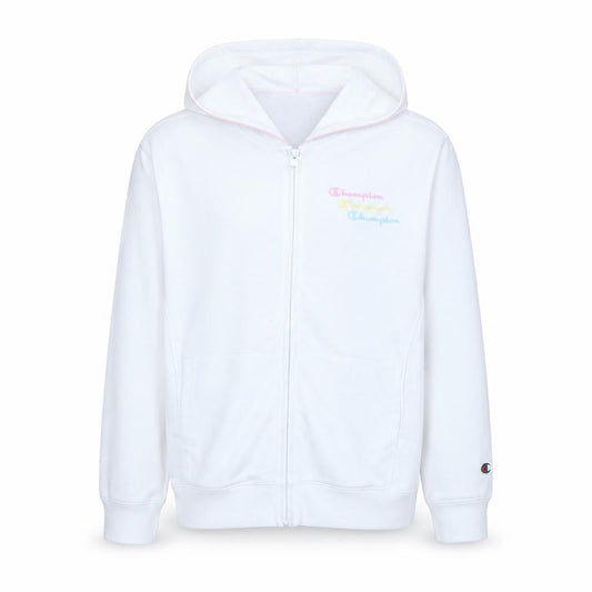 Front view of Champion girls’ white full zip hoodie 2xl logo cotton blend sweatshirt