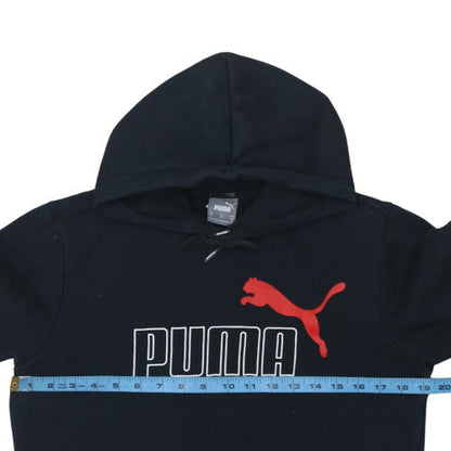 Back view of Puma women’s black xs pullover hoodie with red logo