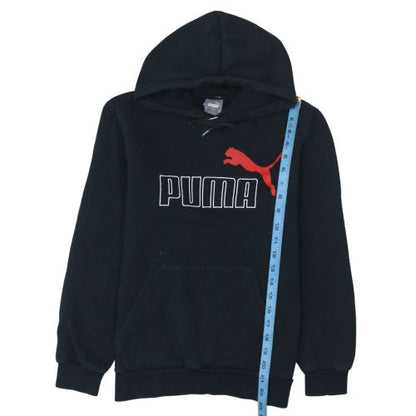 Close-up detail of Puma women’s black xs pullover hoodie with red logo