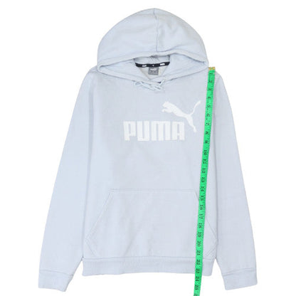 Close-up detail of Puma Women's Light Blue Pullover Hoodie XL Logo Print Casual