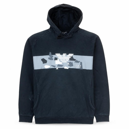 Front view of Emporio Armani EA7 Men's Black Pullover Hoodie, size L, Cotton Blend