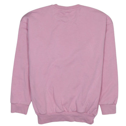 Brand and care label for Adidas girls’ pink crew neck pullover sweatshirt, size 14-15, years