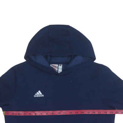 Back view of Adidas boys’ navy blue pullover hoodie sweatshirt, size 13-14, years