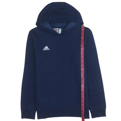 Close-up detail of Adidas boys’ navy blue pullover hoodie sweatshirt, size 13-14, years