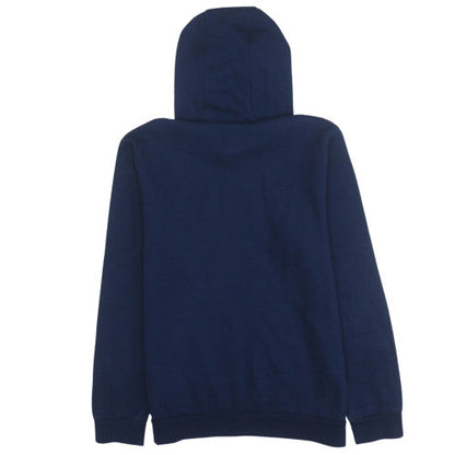 Brand and care label for Adidas boys’ navy blue pullover hoodie sweatshirt, size 13-14, years