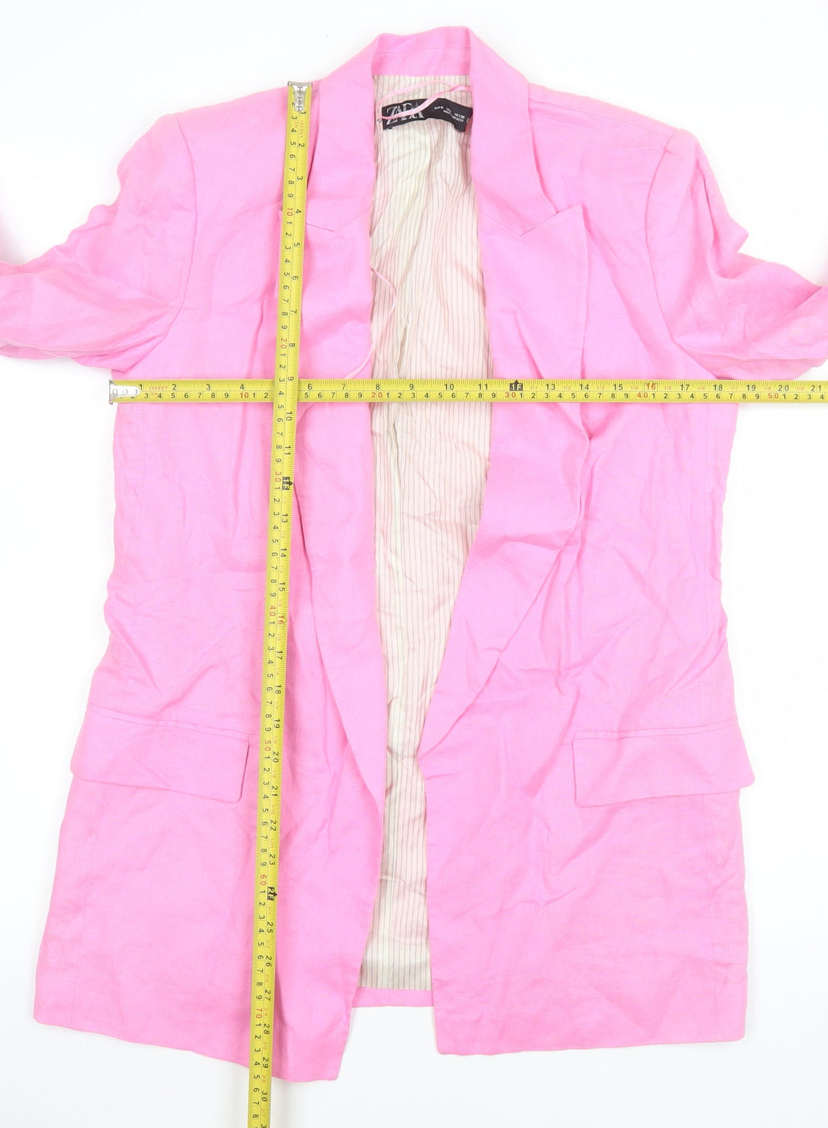 Zara Women Pink Linen Long Blazer Jacket Size S Single Breasted