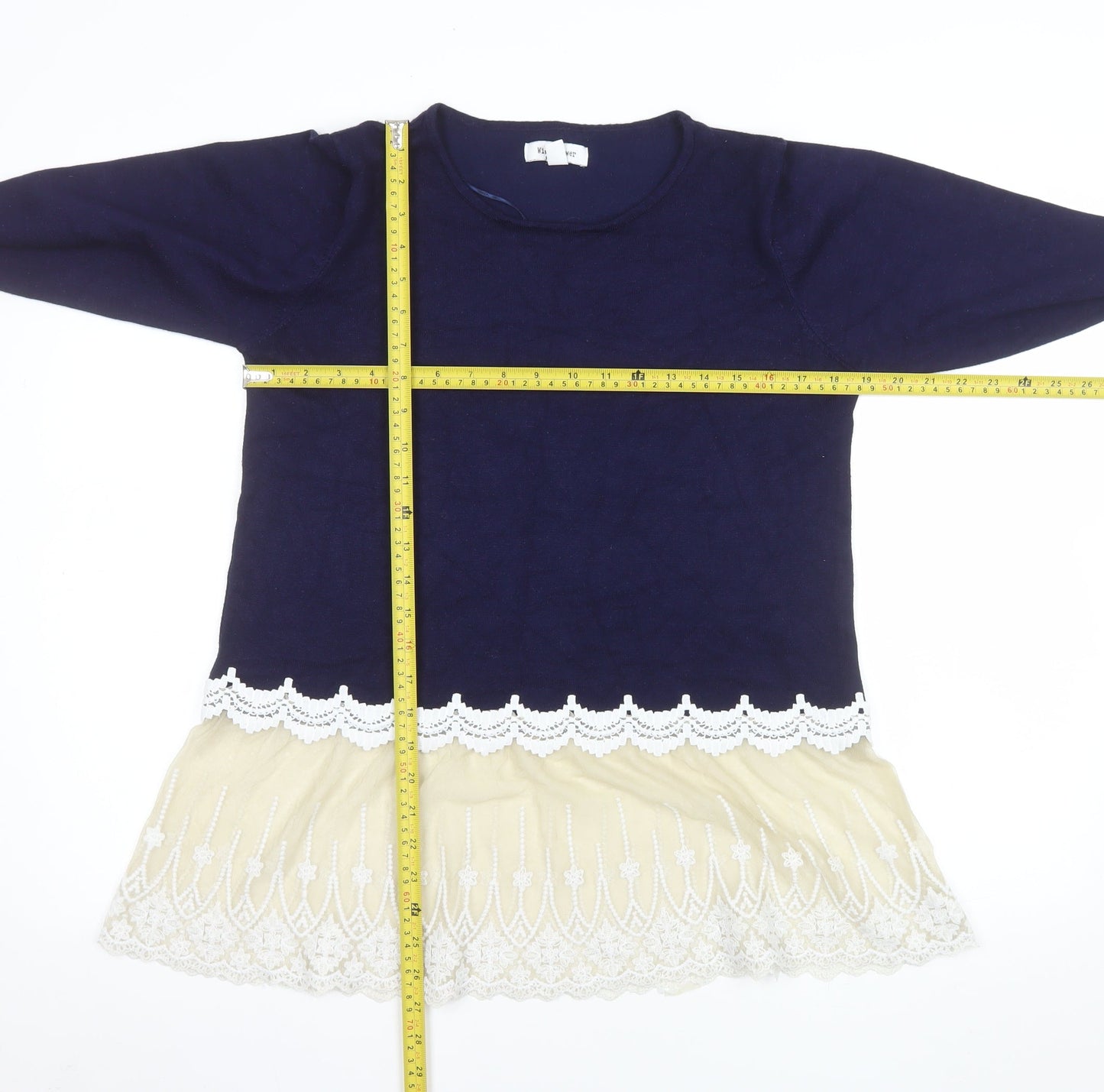 Wild Flower Women Blue Lace Hem Shift Dress M/L Long Sleeve