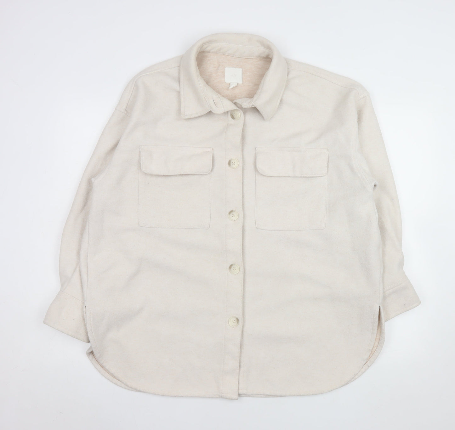 H&M Women Beige Fleece Shacket Jacket L Long Sleeve Collared Top