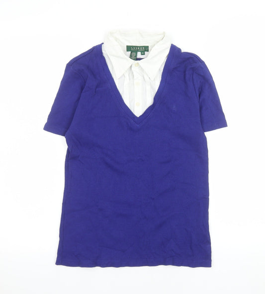 Lauren Ralph Lauren Women Blue Cotton V-Neck Collared Short Sleeve Top M