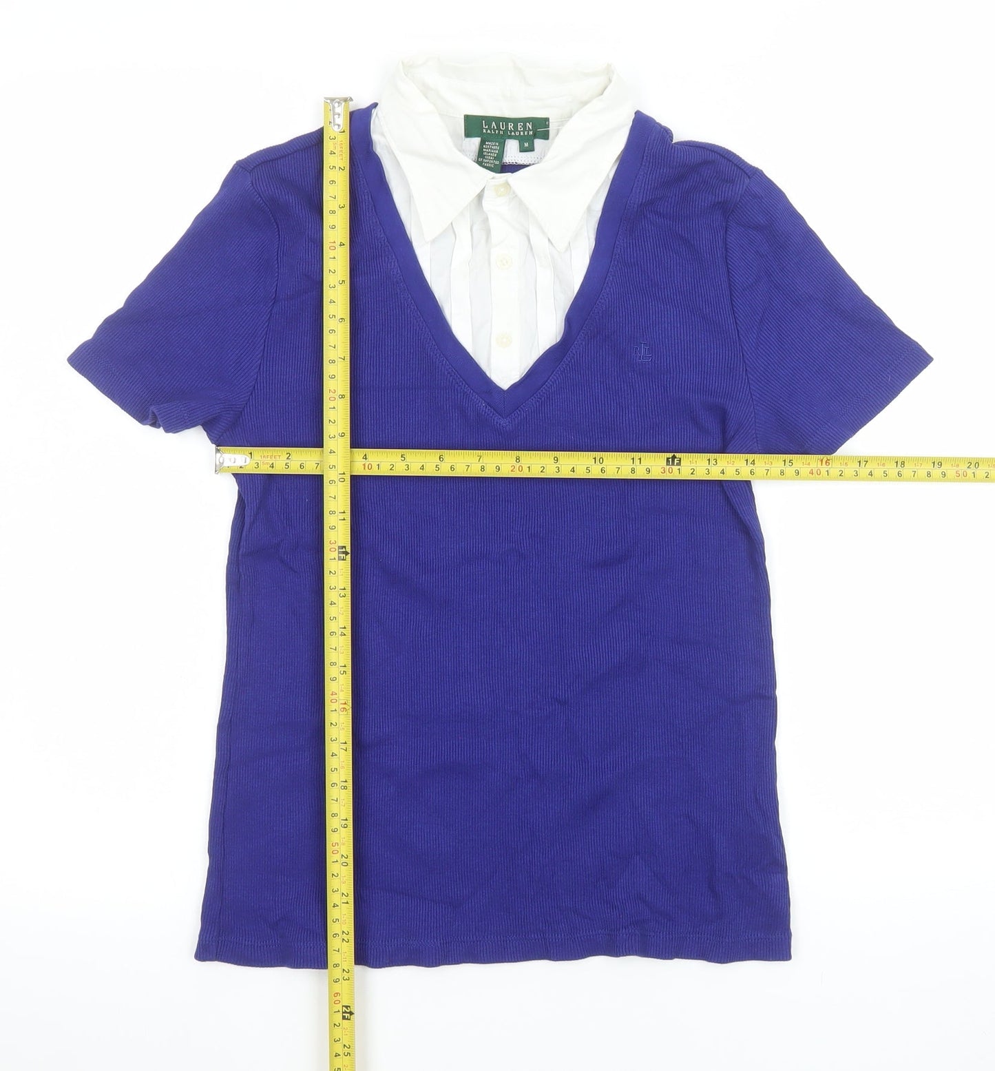 Lauren Ralph Lauren Women Blue Cotton V-Neck Collared Short Sleeve Top M