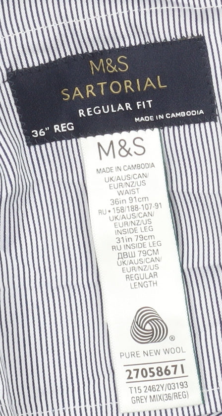 Marks and Spencer Mens Grey Check Wool Dress Pants 36R Regular Fit