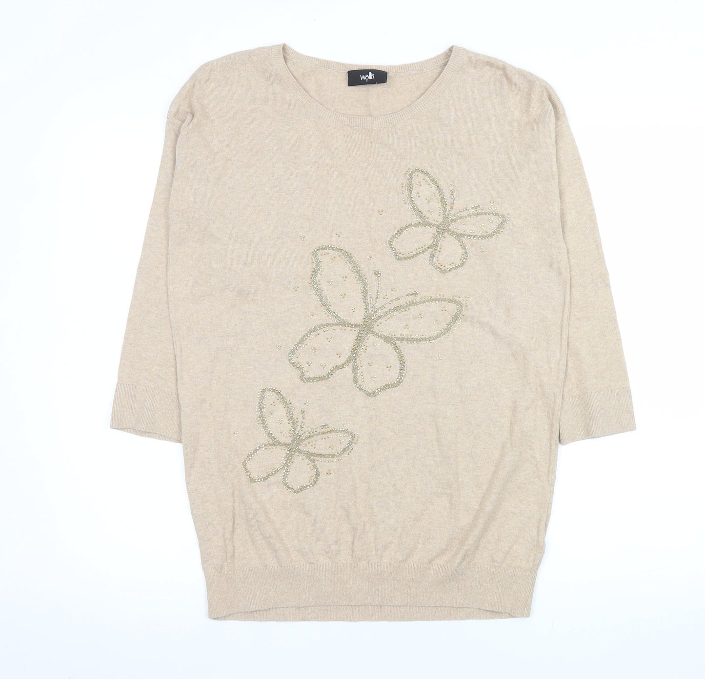 Wallis Womens Beige Butterfly Beaded Cotton Jumper Size S