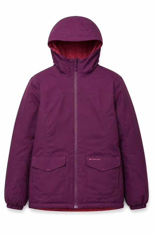 Front view of Quechua girls’ purple hooded puffer jacket 14 years warm winter coat