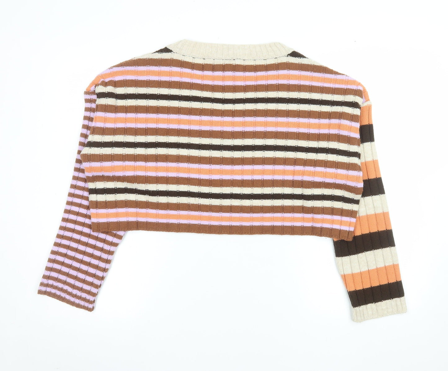 Urban Outfitters Women Brown Stripe V-Neck Cropped Jumper Size M