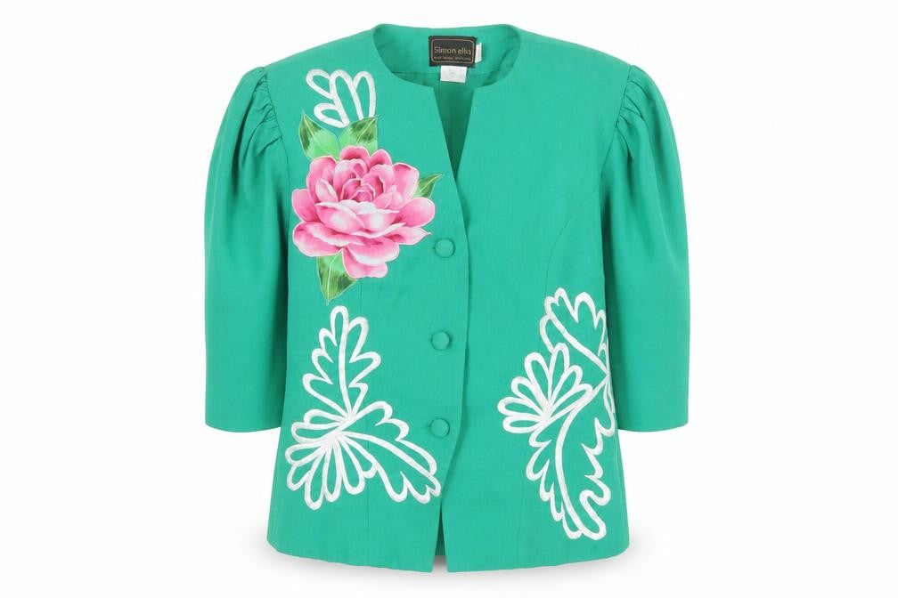 Simon Ellis Women’s Green Floral Suit Jacket UK 10 Short Sleeve Vintage Style