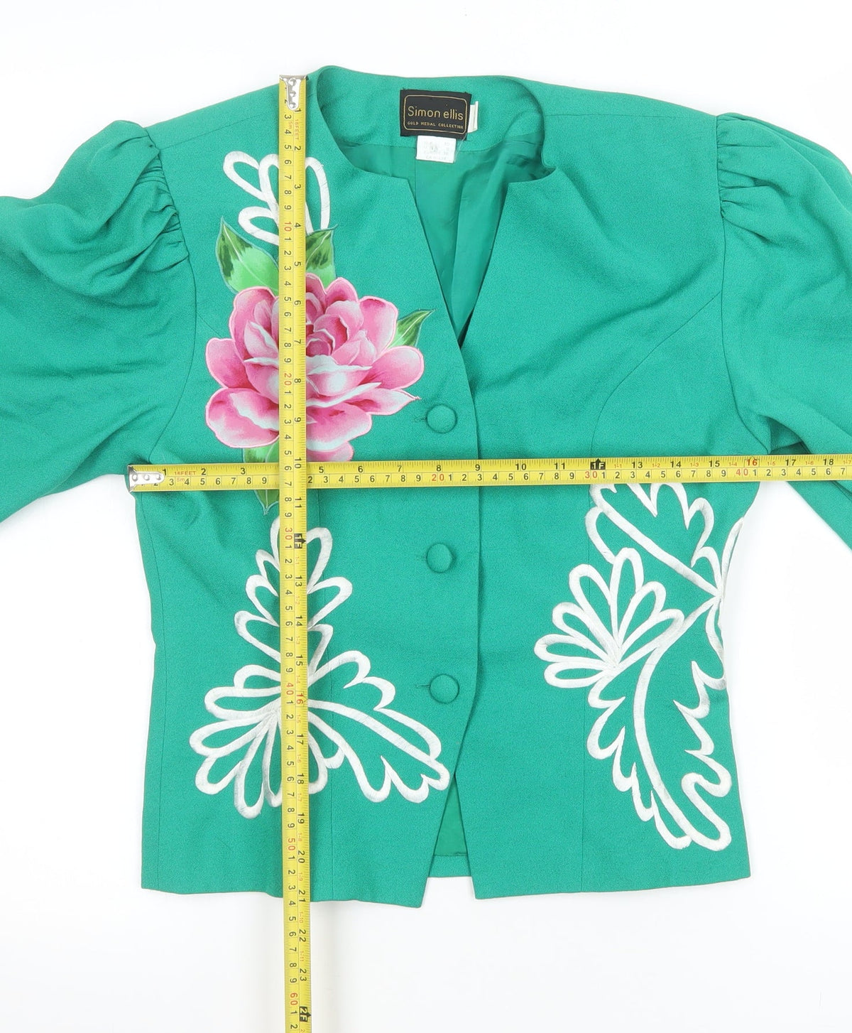 Simon Ellis Women’s Green Floral Suit Jacket UK 10 Short Sleeve Vintage Style
