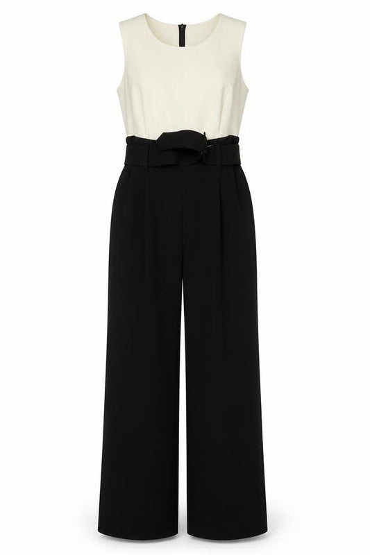 Karida Women Black Beige Jumpsuit Size 10 Belted Sleeveless Wide-Leg