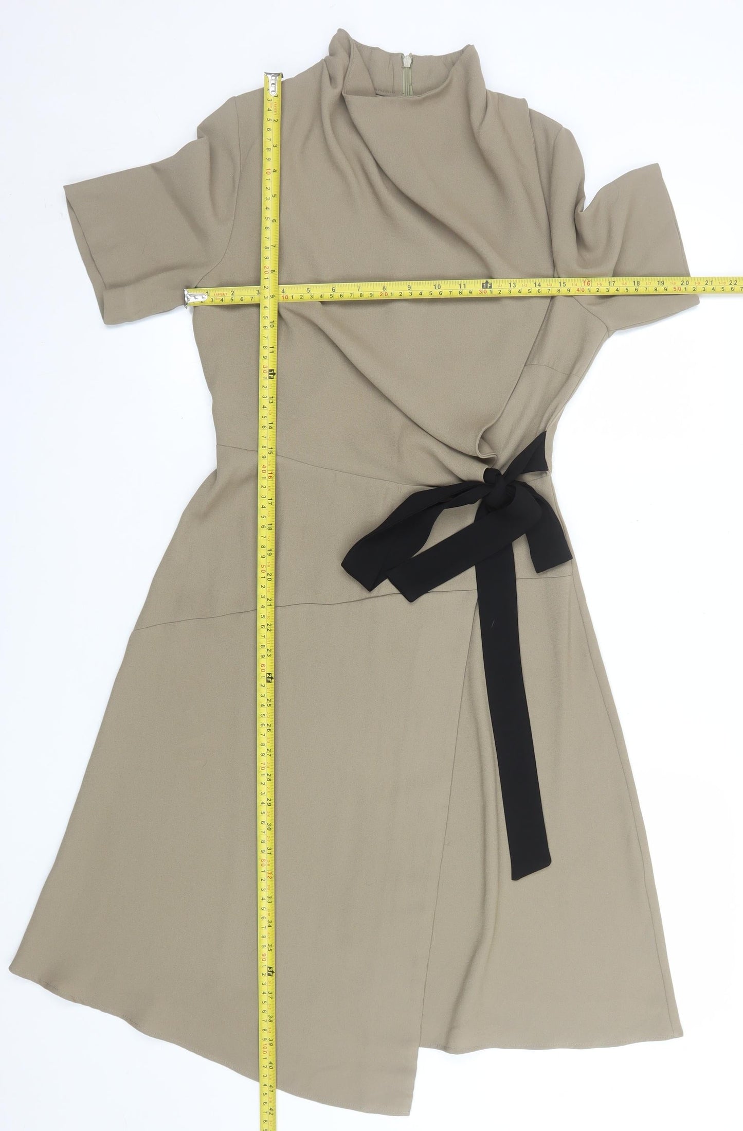French Kiss Women's Beige Wrap Dress Size 10 Short Sleeve High Neck