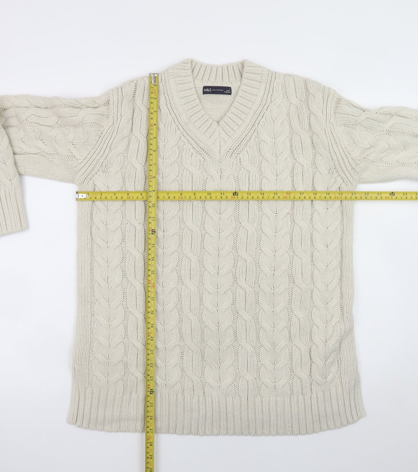 Marks and Spencer Men’s Beige Cable-Knit V-Neck Jumper Medium