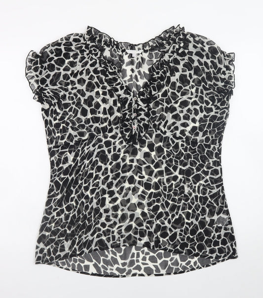 Lakeland Women’s Black Animal Print Ruffle V-Neck Chiffon Blouse Size 18