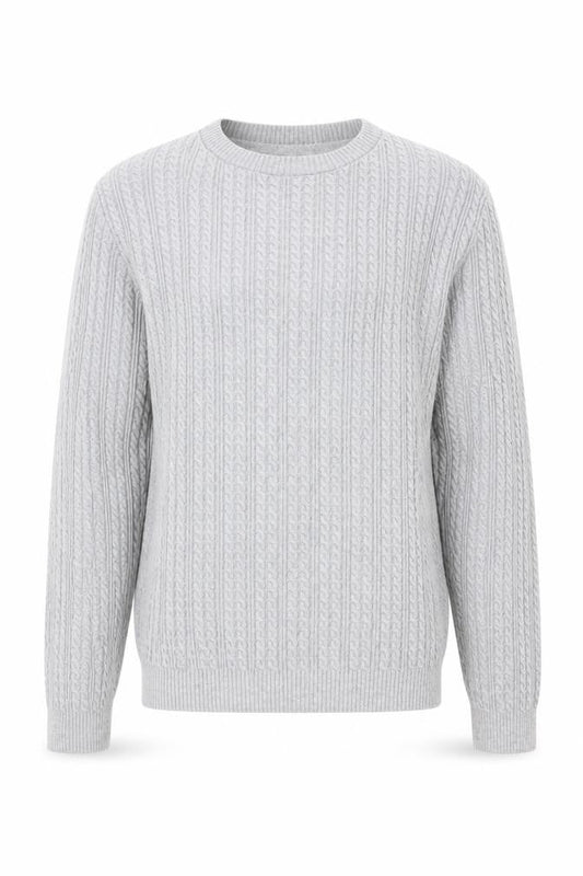 Front view of ASOS Men’s Grey Cable-Knit Cotton Blend Crew Neck Jumper, size M