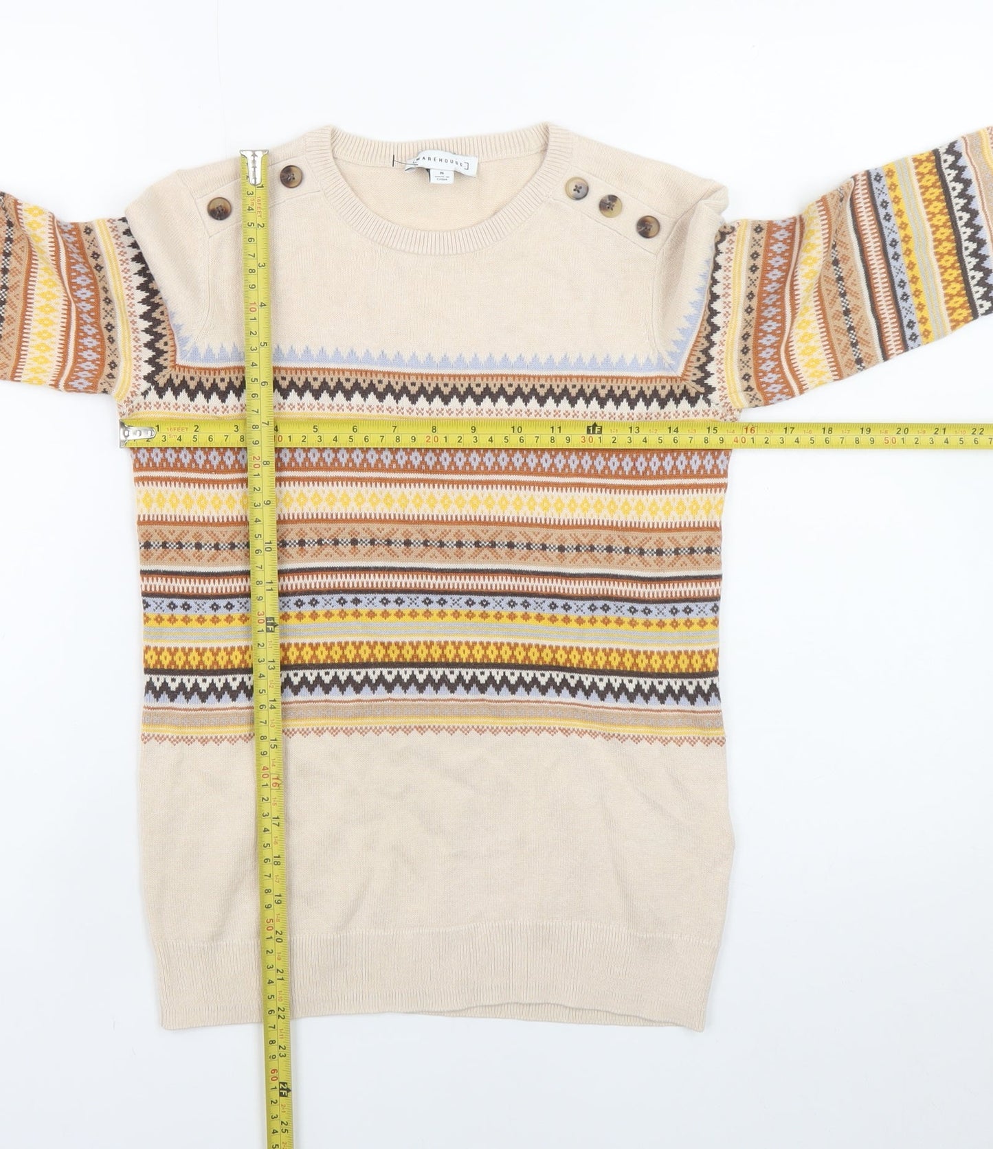 Warehouse Women’s Beige Fair Isle Knit Jumper Size 8