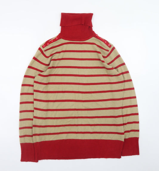 Mozaic Women Beige Red Striped Roll Neck Jumper Size L