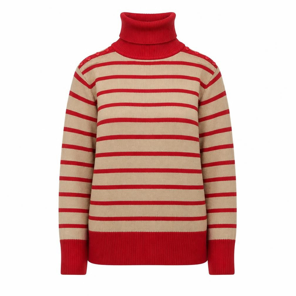 Mozaic Women Beige Red Striped Roll Neck Jumper Size L