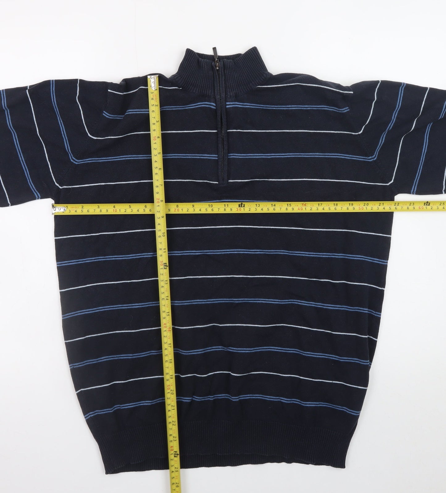 James Pringle Men's Blue Striped 1/2 Zip Mock Neck Cotton Sweatshirt M
