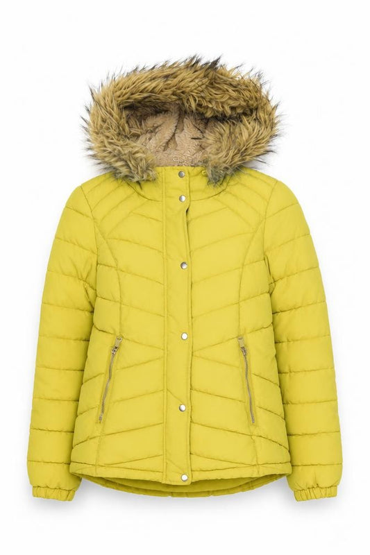 F&F Women’s Yellow Faux Fur Hooded Puffer Jacket Size 10