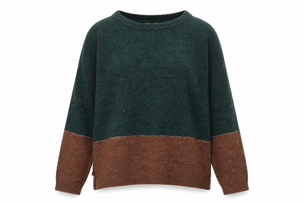 FatFace Women Green Brown Wool Blend Jumper UK 12 Crew Neck Long Sleeve