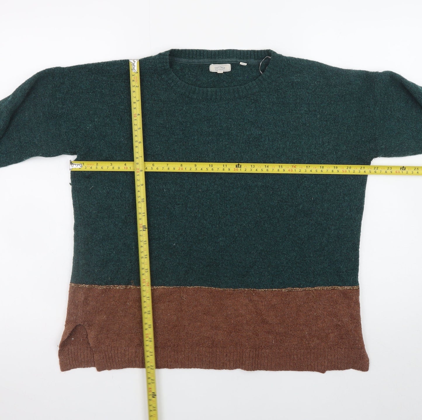 Fat Face Women Green Brown Wool Blend Jumper UK 12 Crew Neck Long Sleeve